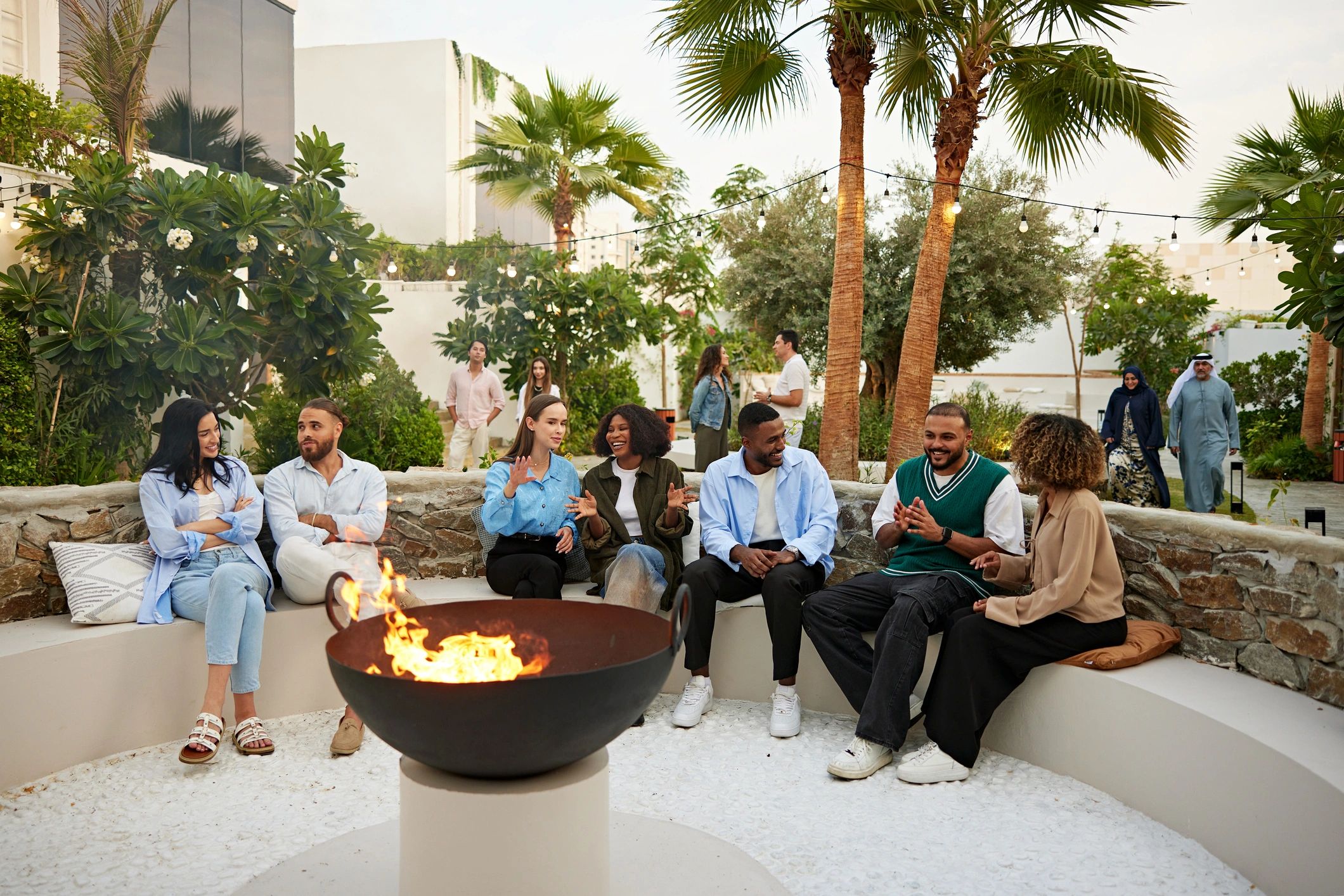 Business group enjoying conversation at an upscale retreat lounge