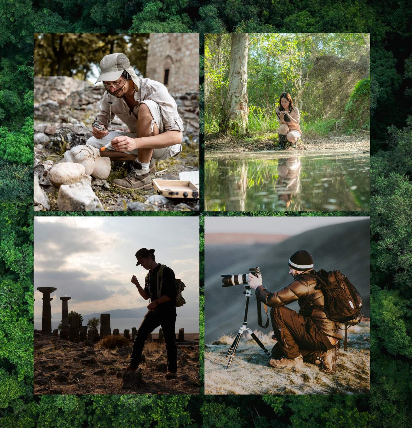Collage of outdoor explorers and photographers in nature and archaeological settings