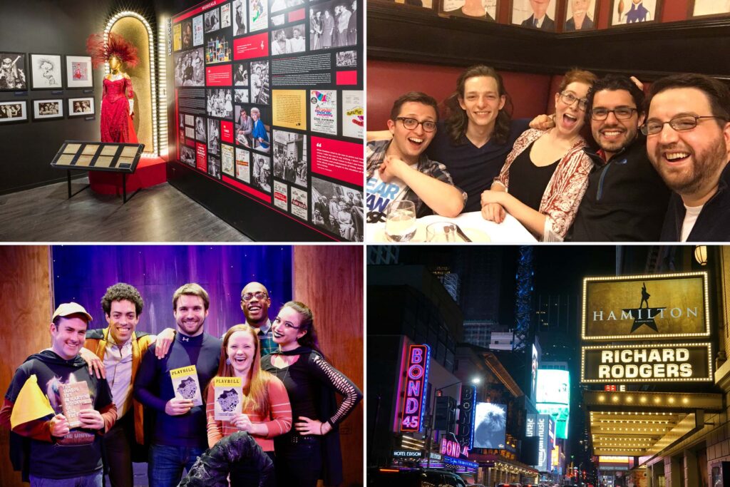 Collage of Broadway-themed event scenes including exhibit displays, group dining, and theater marquees